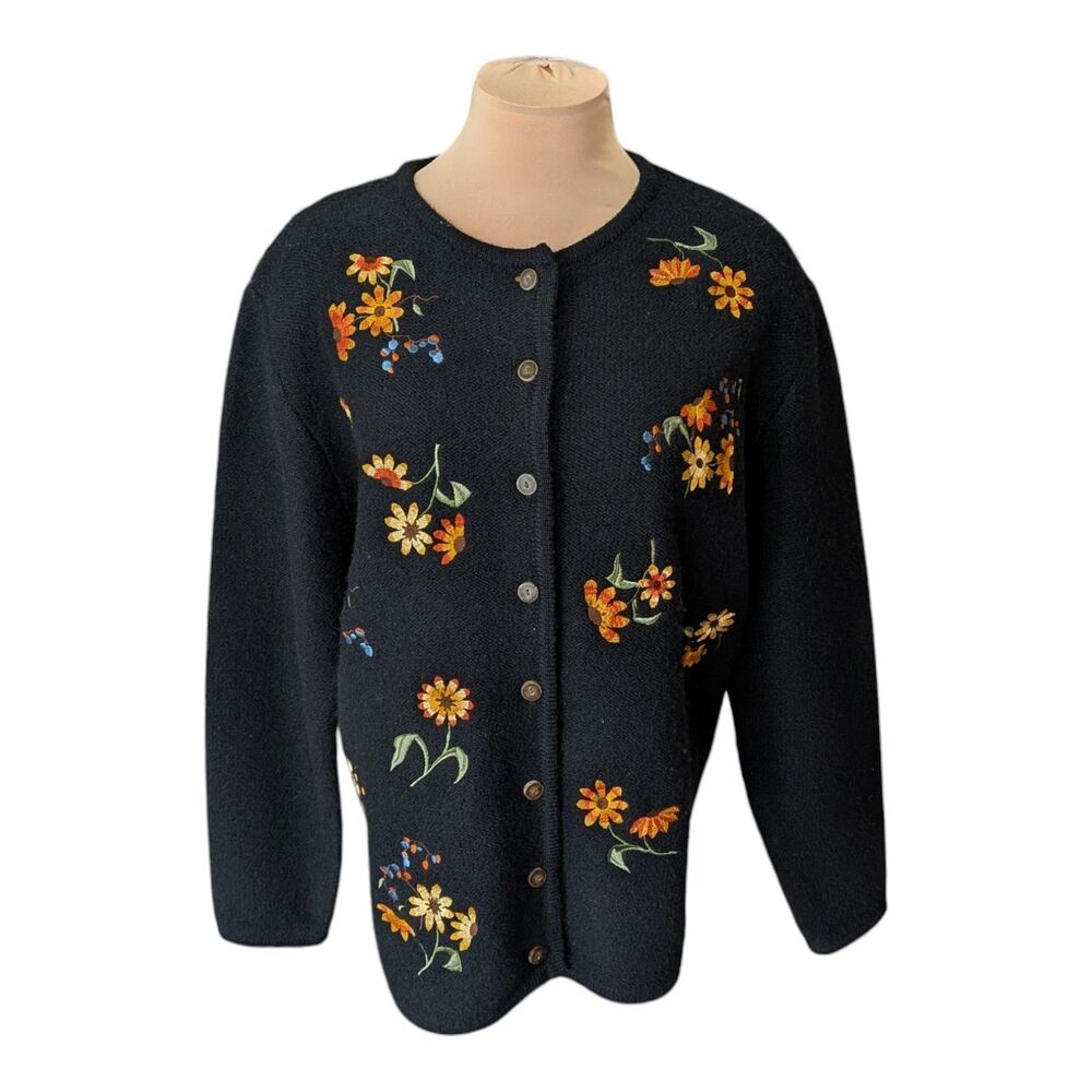 Susan Bristol Handcrafted Embroidery Wool Black Cardigan 1W Cottagecore VTG 80s